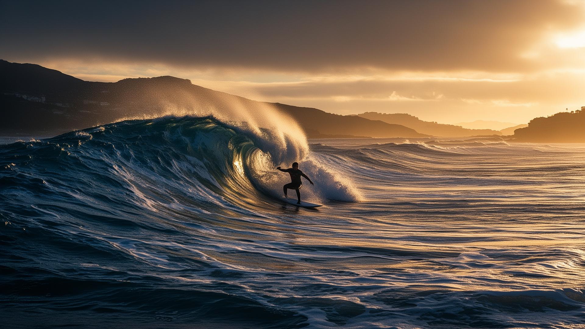 Surfista en una ola del Cantábrico al atardecer